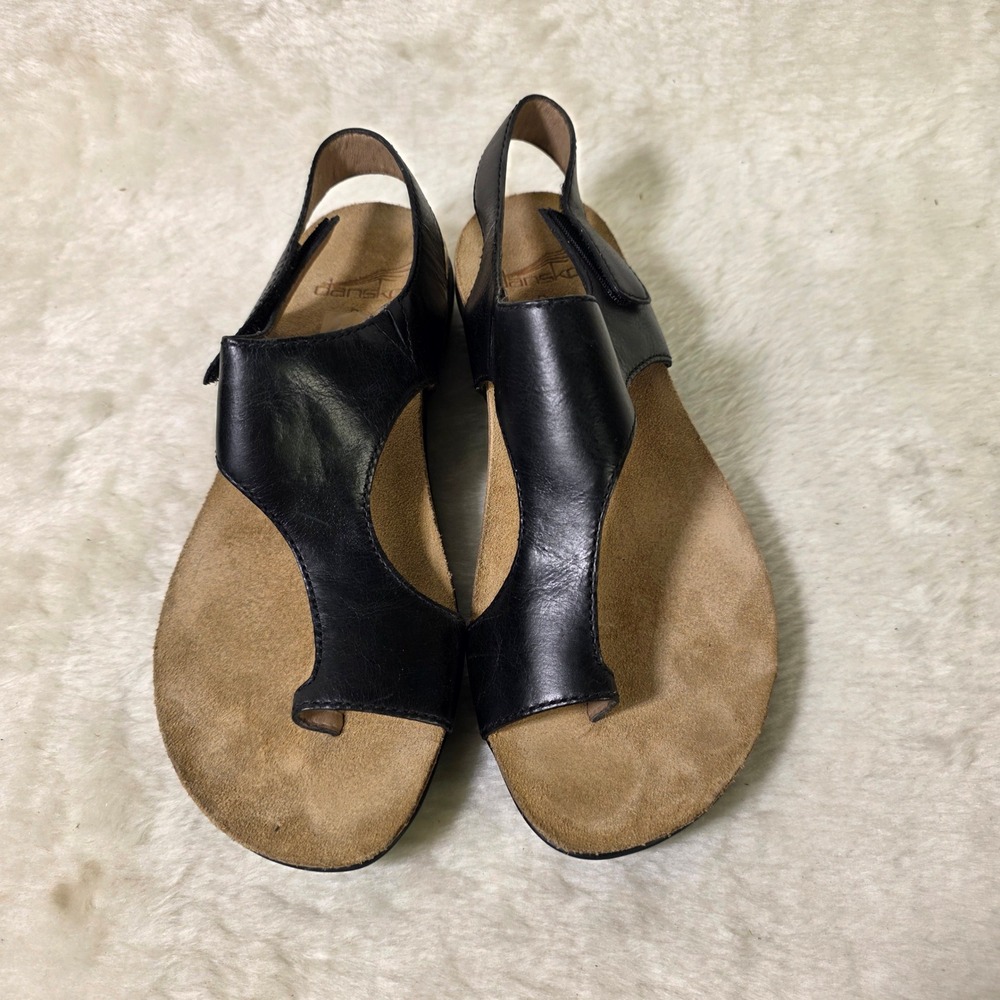 Dansko Reese Thong Sandals Black Leather Slingback Women 38 7 Excellent